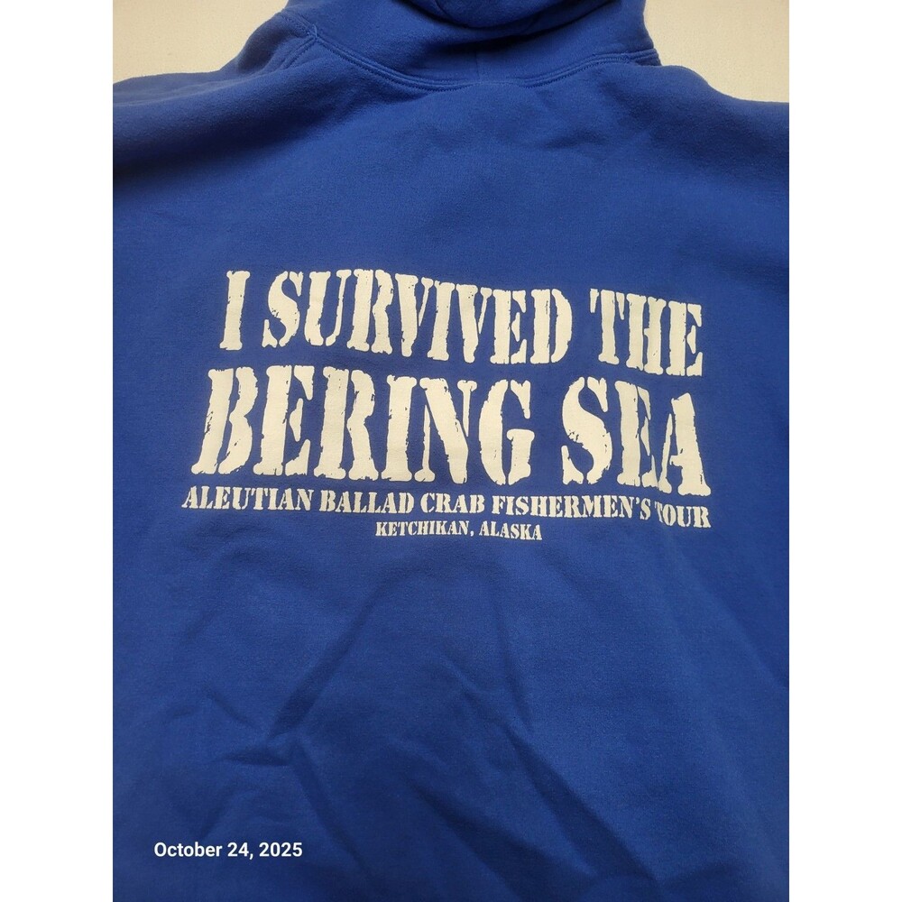 Men's Hoodie "I Survived the Bering Sea"  Blue XL Gildan EUC USA Seller